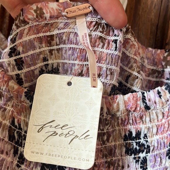 Free People Back On Top Crop Smocked Shirt Blouse Soft Combo Puff Sleeve - Picture 9 of 15